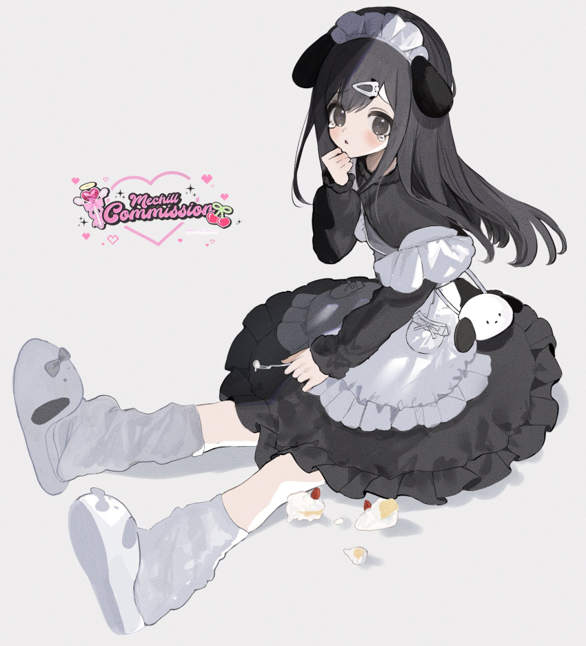 1girl, animal_ears, apron, black_dress, cake, commission, crying, dog_ears, dress, food, highres, looking_at_viewer, maid, maid_headdress, mechiru, open_mouth, original, simple_background, sitting, slippers, socks, solo, tears, white_apron, white_background, white_footwear, white_socks