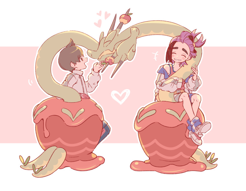 2boys, black_hair, blush, brown_hair, closed_eyes, commentary_request, florian_(pokemon), heart, highres, hydrapple, jacket, kieran_(pokemon), long_sleeves, male_focus, mole, mole_on_neck, multicolored_hair, multiple_boys, off_shoulder, oochiiii, open_clothes, open_jacket, open_mouth, pokemon, pokemon_(creature), pokemon_sv, purple_hair, red_tank_top, shoes, shorts, simple_background, sitting, socks, tank_top, two-tone_background, white_jacket