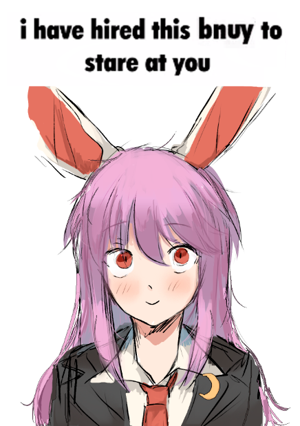 1girl, animal_ears, bad_id, bad_twitter_id, blazer, blush, english_text, grey_jacket, image_macro_(meme), jacket, long_hair, looking_at_viewer, meme, necktie, purple_hair, rabbit_ears, red_eyes, red_necktie, reisen_udongein_inaba, shirt, signature, sketch, smile, sparkle71059204, staring, touhou, upper_body, white_shirt