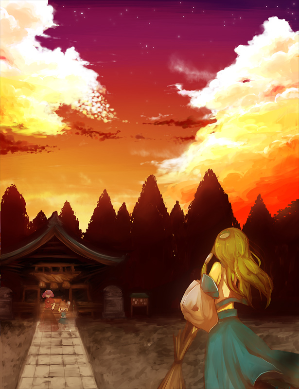 broom, cloud, death, detached_sleeves, from_behind, green_hair, kaio_(watagami), kochiya_sanae