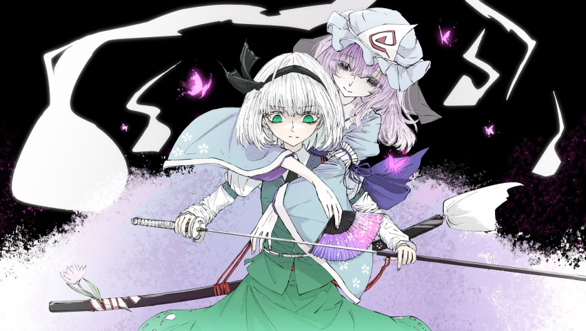 2girls, aizettonagi, arm_belt, belt, bob_cut, bow, bug, butterfly