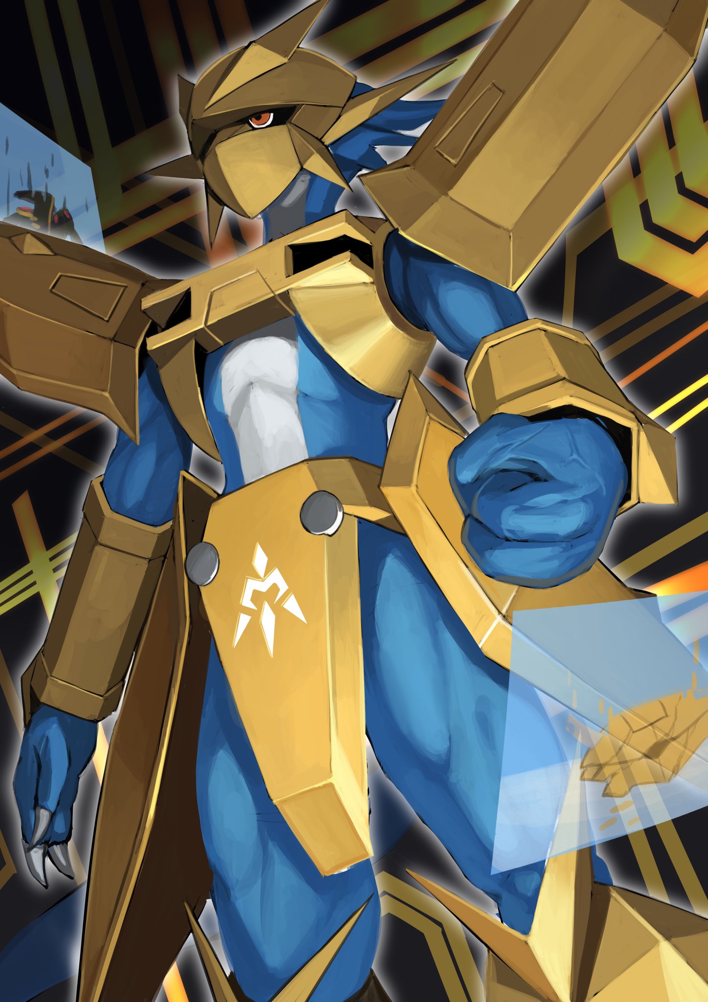 alphamon, alternate_universe, armor, bakeneko38, blue_skin, colored_skin, commission, cowboy_shot