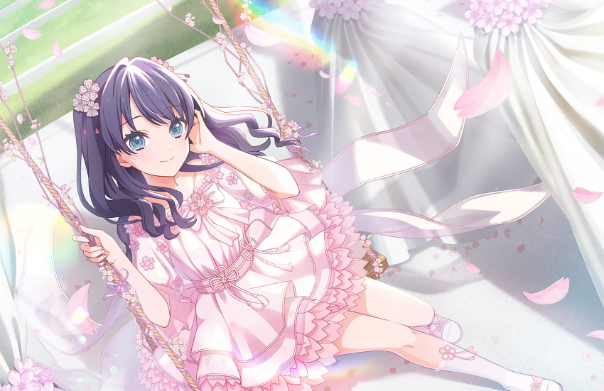 1girl, blue_eyes, blue_hair, closed_mouth, dark_blue_hair, dress, flower, flower_swing, game_cg, hair_down, hair_flower, hair_ornament, hand_in_own_hair, highres, holding, holding_rope, link!_like!_love_live!, long_hair, looking_at_viewer, love_live!, mole, mole_on_neck, murano_sayaka, off-shoulder_dress, off_shoulder, official_alternate_costume, official_alternate_hairstyle, official_art, pink_dress, pink_footwear, rope, sakuramon, sandals, short_dress, short_sleeves, shunpuu_buranko_(love_live!), sitting, smile, socks, solo, split_mouth, swing, third-party_source, virtual_youtuber, white_socks
