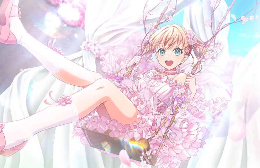 1girl, :d, aqua_eyes, blue_sky, choker, crossed_bangs, dress, floating_hair, flower_knot, flower_swing, frilled_choker, frilled_dress, frills, game_cg, hair_ornament, high_heel_sandals, high_heels, highres, hinoshita_kaho, holding, holding_rope, lace-trimmed_socks, link!_like!_love_live!, lone_nape_hair, long_sleeves, looking_at_viewer, love_live!, medium_hair, off-shoulder_dress, off_shoulder, official_alternate_costume, official_alternate_hairstyle, official_art, open_mouth, orange_hair, outdoors, pink_choker, pink_dress, pink_footwear, rabbit_hair_ornament, rope, sandals, shunpuu_buranko_(love_live!), sitting, sky, smile, socks, solo, swing, swinging, teeth, third-party_source, twintails, two_side_up, upper_teeth_only, virtual_youtuber, white_socks