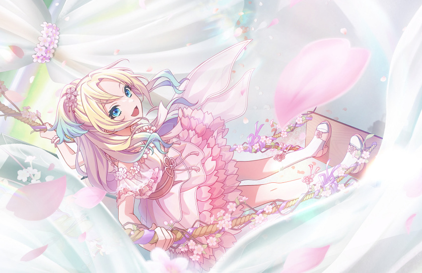 1girl, :3, :d, blonde_hair, blue_eyes, blue_hair, dress, dutch_angle