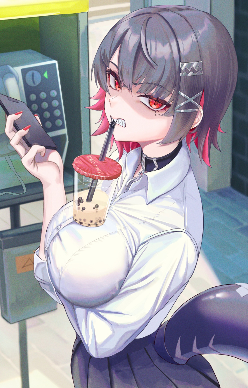 1girl, annoyed, aoyamapink, black_hair, black_skirt, breasts, bubble_tea, clenched_teeth, colored_inner_hair, ellen_joe, fins, fish_tail, from_side, hair_between_eyes, hair_ornament, hairclip, highres, holding, holding_phone, large_breasts, looking_at_viewer, mole, mole_under_eye, multicolored_hair, official_alternate_costume, phone, red_eyes, redhead, shark_girl, shark_tail, shirt, short_hair, sidelocks, simple_background, skirt, solo, standing, tail, teeth, two-tone_hair, white_shirt, zenless_zone_zero
