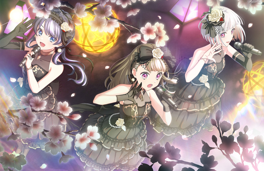 3girls, :o, arm_up, armpit_crease, black_dress, black_gloves, black_hairband, black_pantyhose