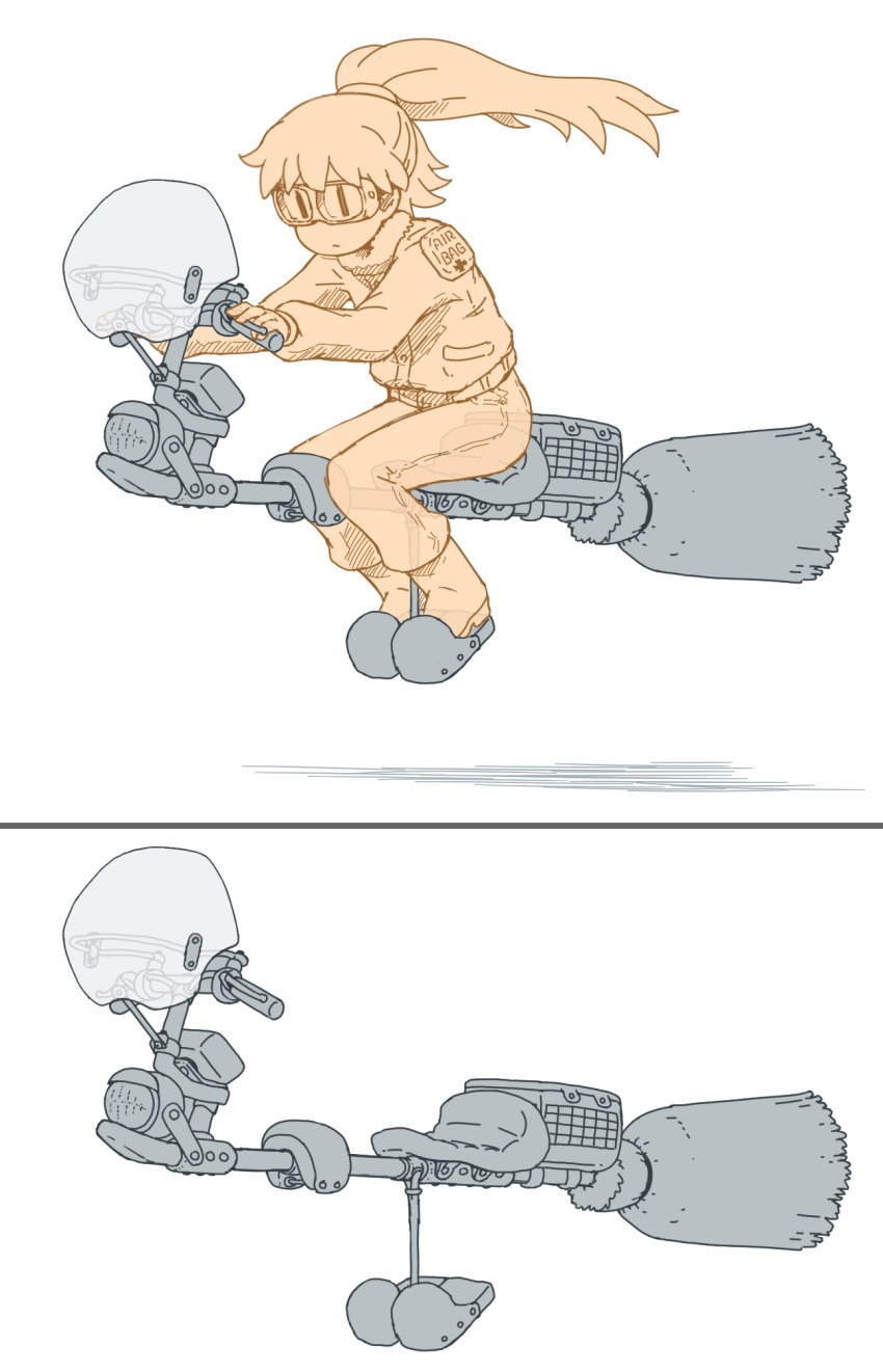 1girl, airbag, boots, broom, broom_riding, closed_mouth, commentary_request, floating_hair, fur-trimmed_jacket, fur_trim, gloves, goggles, highres, jacket, long_hair, long_sleeves, monochrome, original, pants, ponytail, puffy_long_sleeves, puffy_sleeves, shadow, shirosato, simple_background, sitting, solo, transparent, white_background