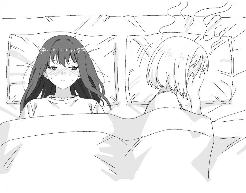 2girls, blush, commentary_request, covering_face, from_above, greyscale, hands_on_own_face, head_steam