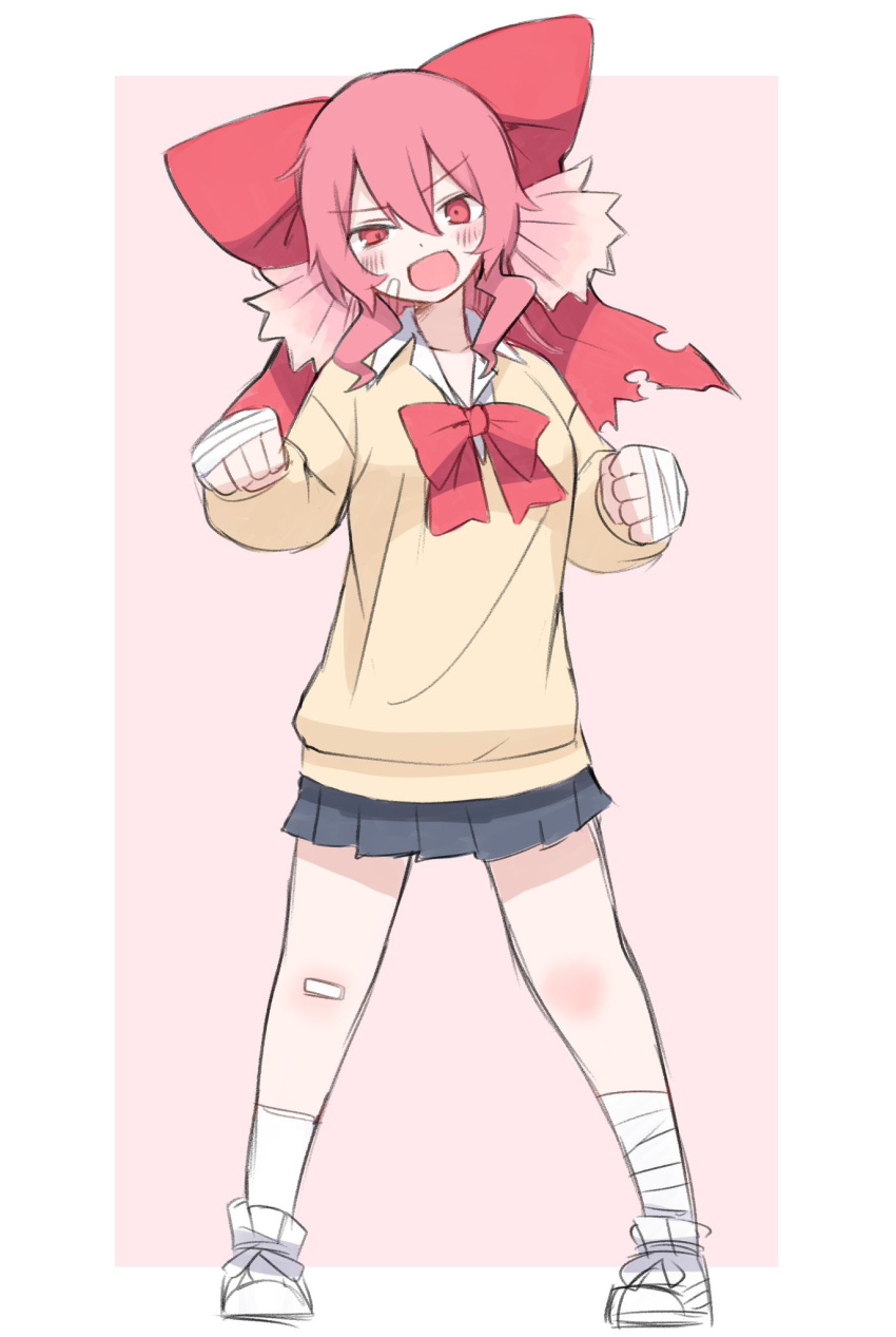 1girl, ankle_wrap, bandage_on_face, bandage_on_knee, bandages, blush, bow, bowtie