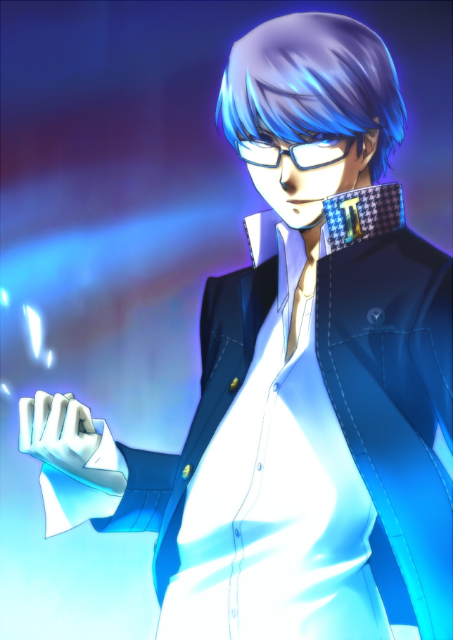 bad_id, clenched_hand, fist, fujino_miyabi, glasses, glowing, grey_eyes, grey_hair