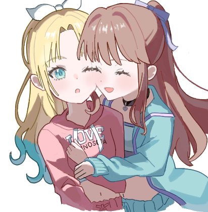 2girls, ;o, ^_^, aqua_jacket, black_choker, blonde_hair, blue_hair, bow