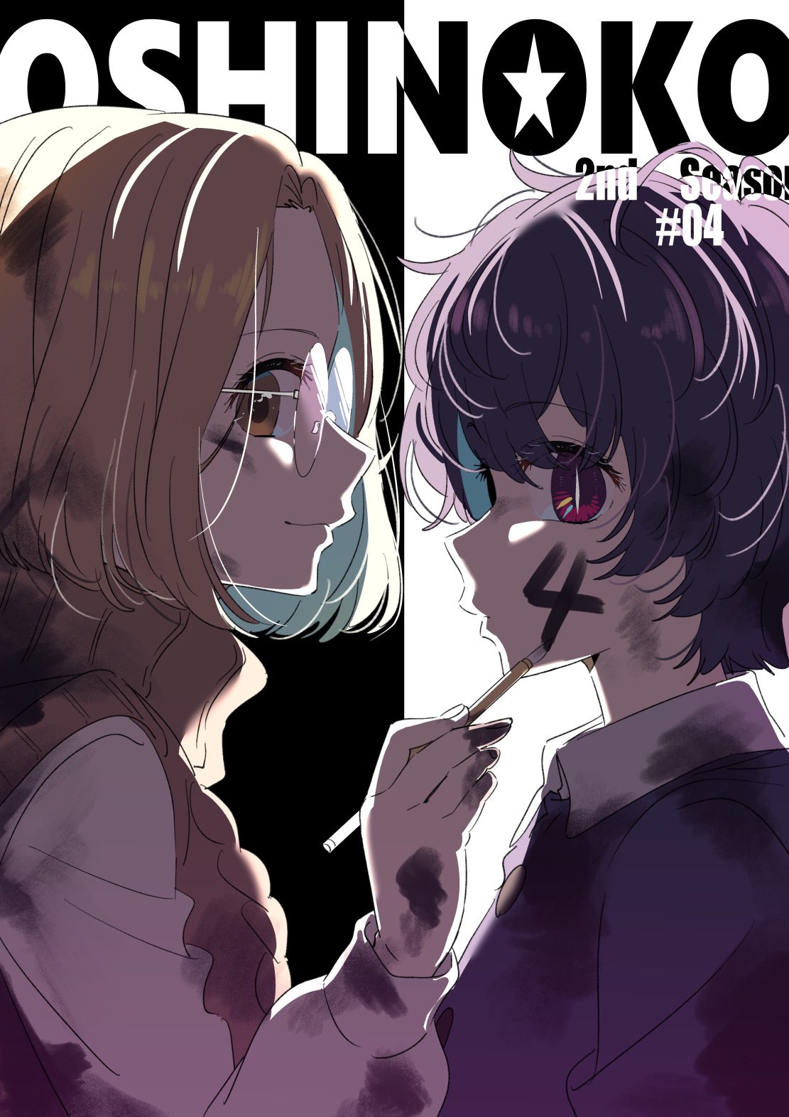2girls, blonde_hair, commentary_request, copyright_name, expressionless, from_side, glasses, highres