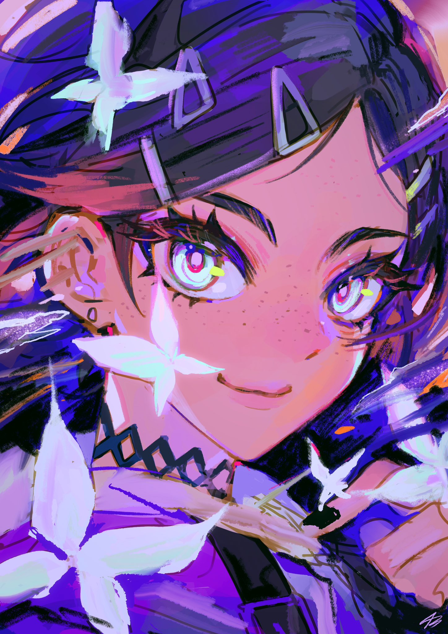 1girl, 43_pon, bad_id, bad_twitter_id, black_choker, black_hair, black_nails, blue_eyes, bug, butterfly, choker, closed_mouth, clove_(valorant), dark-skinned_female, dark_skin, earrings, freckles, hair_ornament, hairclip, hand_up, highres, jewelry, looking_at_viewer, nail_polish, portrait, smile, solo, valorant