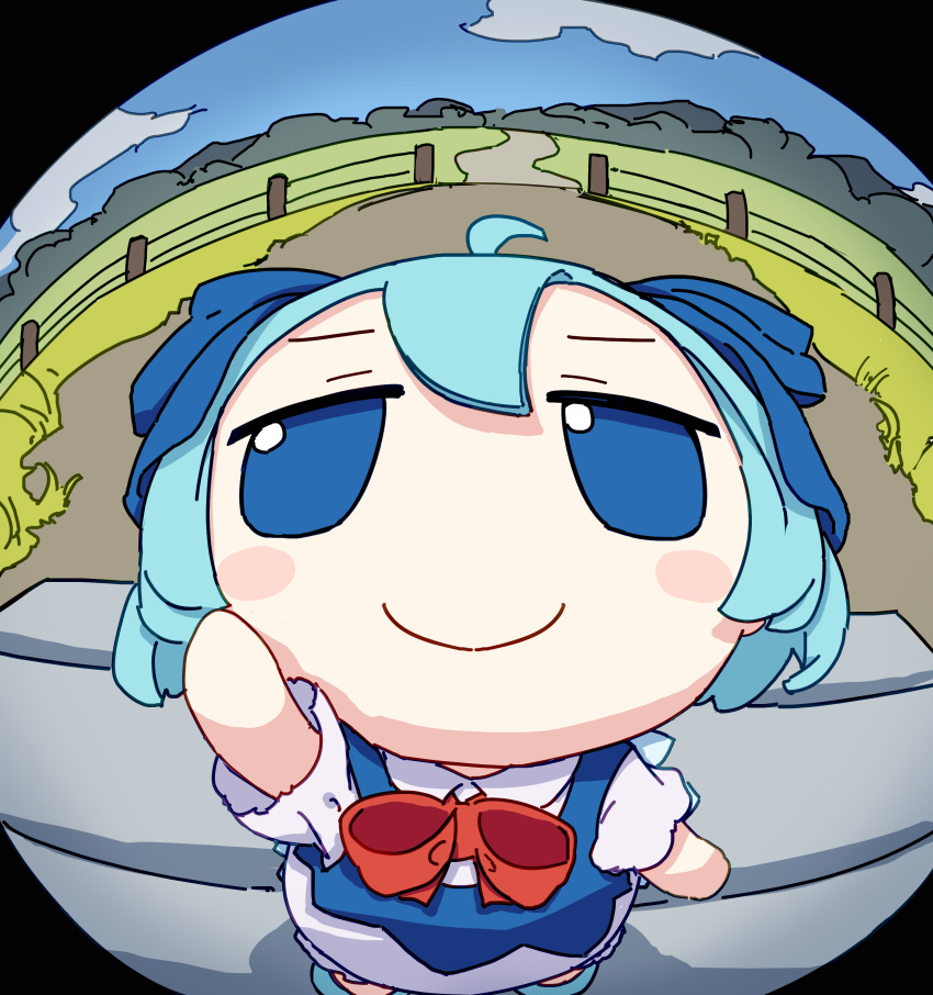 1girl, absurdres, ahoge, blue_eyes, blue_hair, blush_stickers, bow, cirno