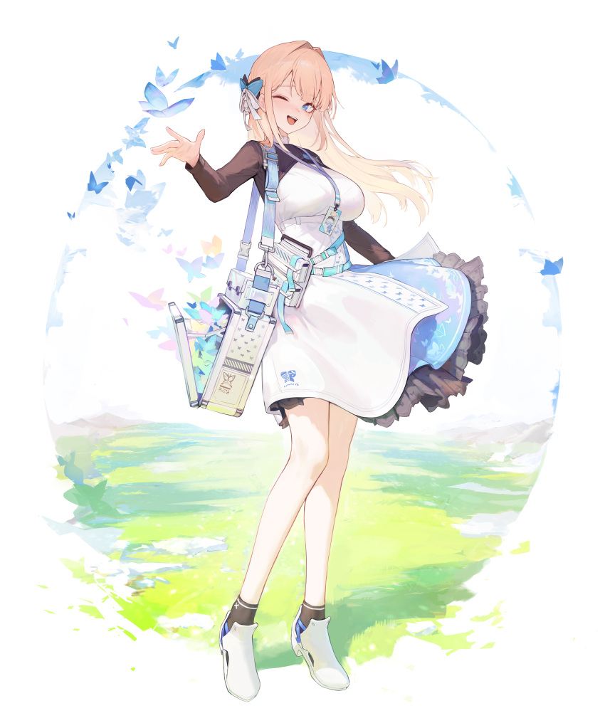 1girl, absurdres, black_socks, blonde_hair, blue_bow, blue_eyes, blush, bow
