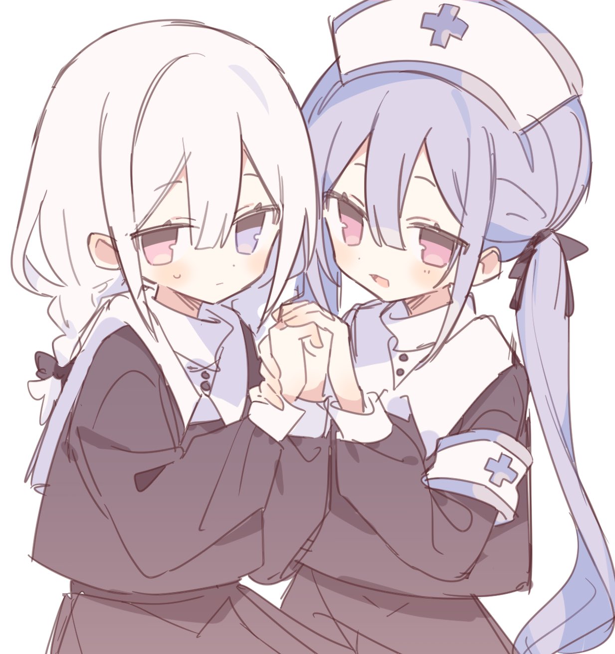 2girls, armband, ayase_(user_ytjw3843), blush, bow, braid, expressionless, hair_bow