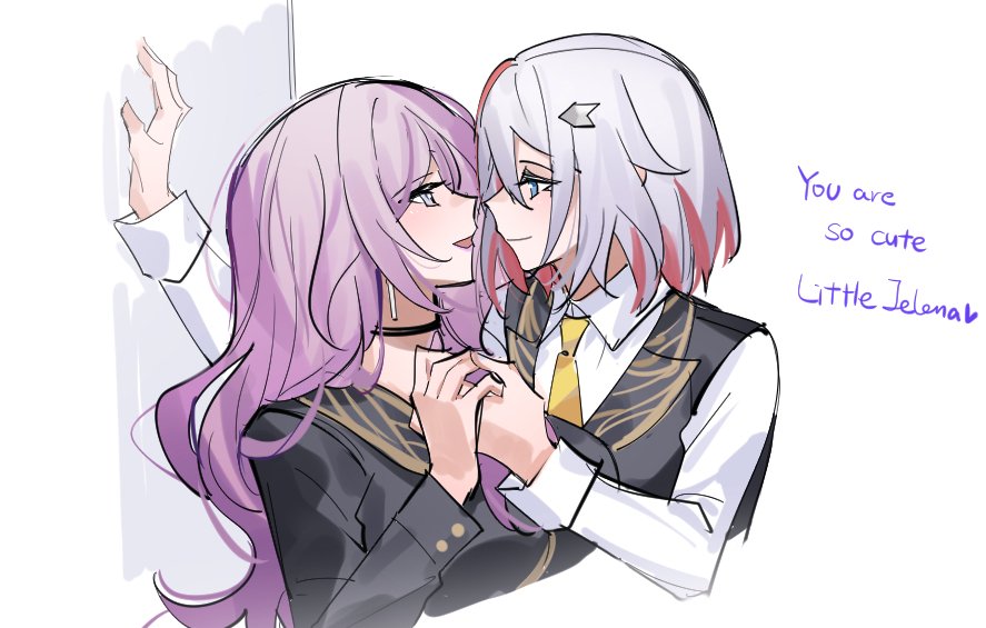 2girls, against_wall, arm_up, black_choker, black_jacket, black_vest, blue_eyes, choker