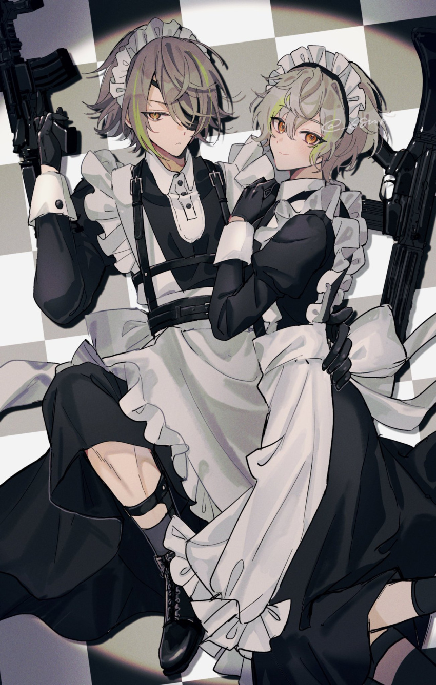 18trip, 2boys, 68nr, ak-47, apron, assault_rifle, black_footwear, black_gloves, black_socks, brothers, checkered_background, closed_mouth, collared_shirt, commentary, dress, frilled_dress, frills, garter_straps, gloves, grey_hair, gun, hair_between_eyes, hand_on_own_chest, high_collar, highres, holding, holding_gun, holding_weapon, kalashnikov_rifle, kneeling, long_sleeves, looking_at_viewer, looking_back, looking_to_the_side, maid, maid_apron, maid_headdress, male_focus, multicolored_hair, multiple_boys, orange_eyes, rifle, shiramitsu_ryui, shiramitsu_toi, shirt, shoes, siblings, sitting, smile, socks, streaked_hair, symbol-only_commentary, twins, twitter_username, weapon