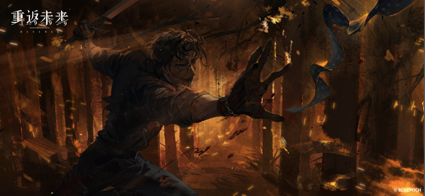 1boy, ;o, black_gloves, black_jacket, blood, blood_from_mouth, blood_on_face, blue_eyes