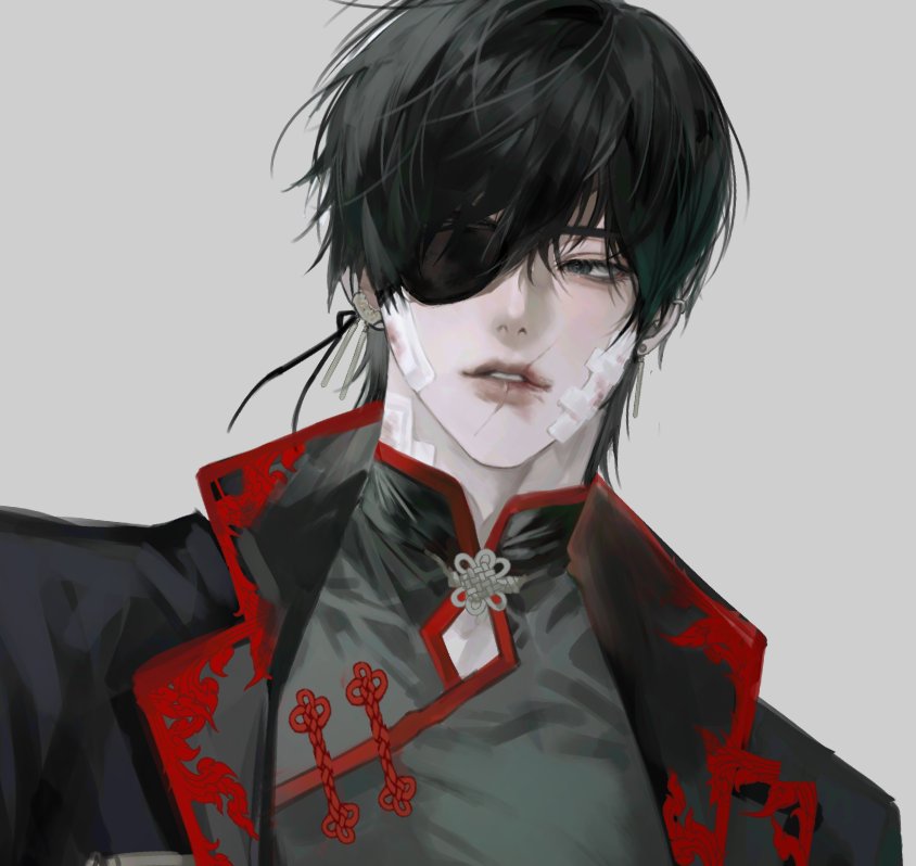1boy, black_hair, black_jacket, black_shirt, chinese_clothes, ear_piercing, eyepatch, gauze