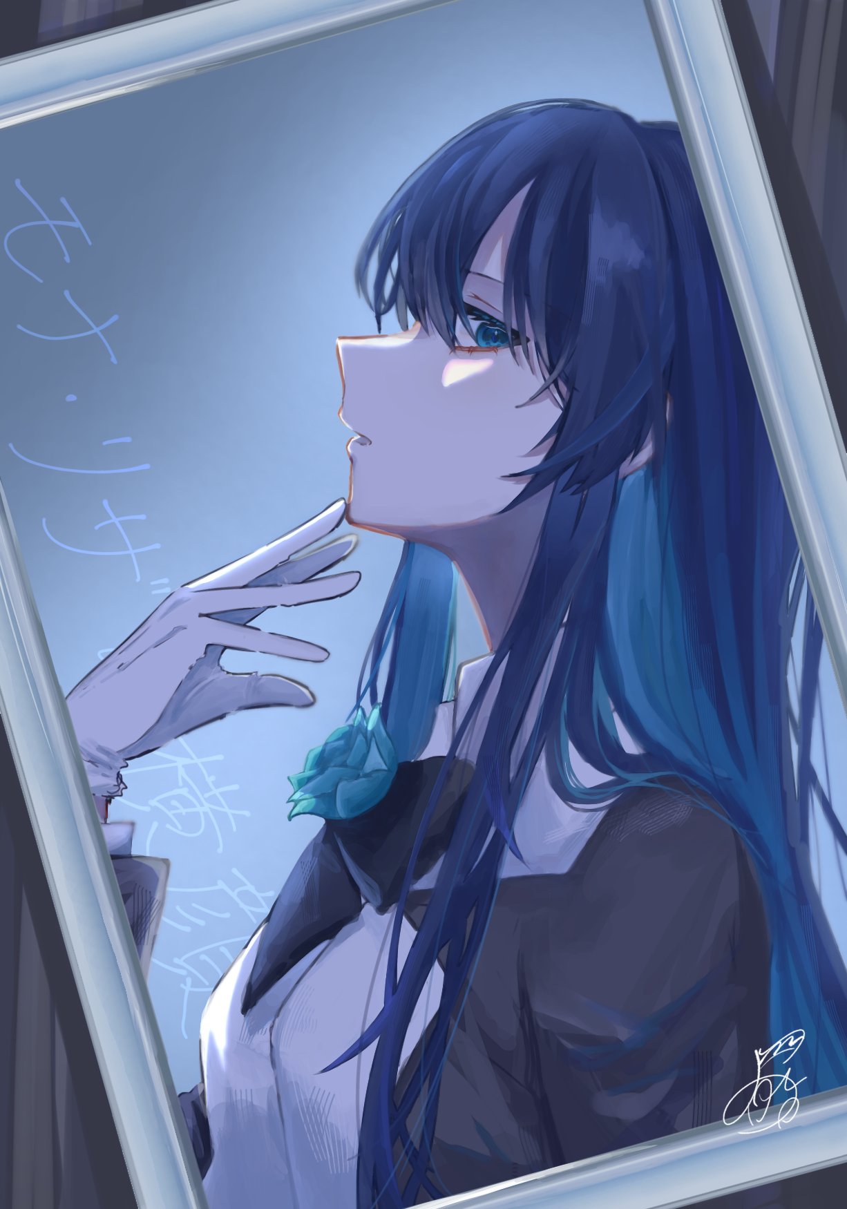 1girl, ado_(utaite), black_bow, black_suit, blue_eyes, blue_flower, blue_hair, blue_rose