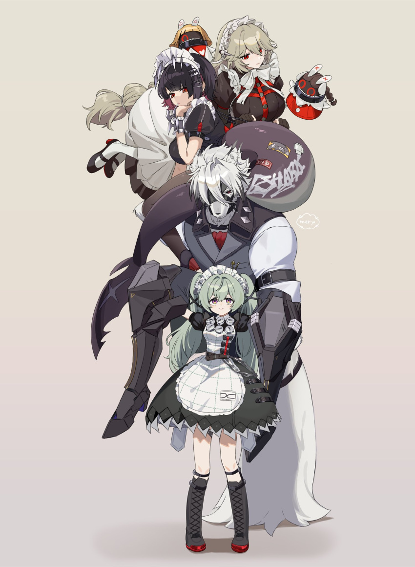 1boy, 3girls, alexandrina_sebastiane, anastella_(zenless_zone_zero), animal_ears, apron, body_fur, carrying