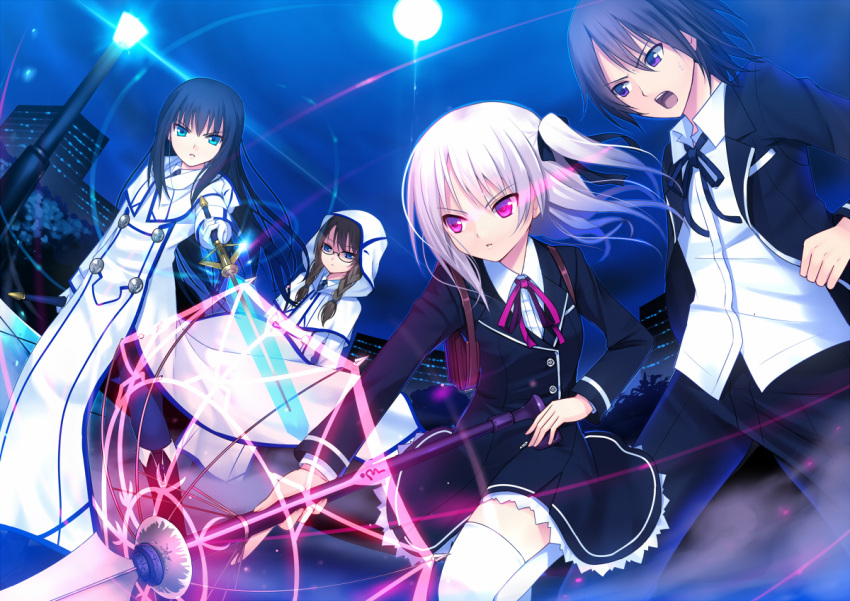 annihilate_luxifer, blue_eyes, city, hair_ribbon, hood, koi_(koisan), lamp, multiple_girls, night, open_mouth, original, purple_eyes, ribbon, thigh-highs, thighhighs, twintails, violet_eyes, weapon, white_hair, white_legwear, white_thighhighs