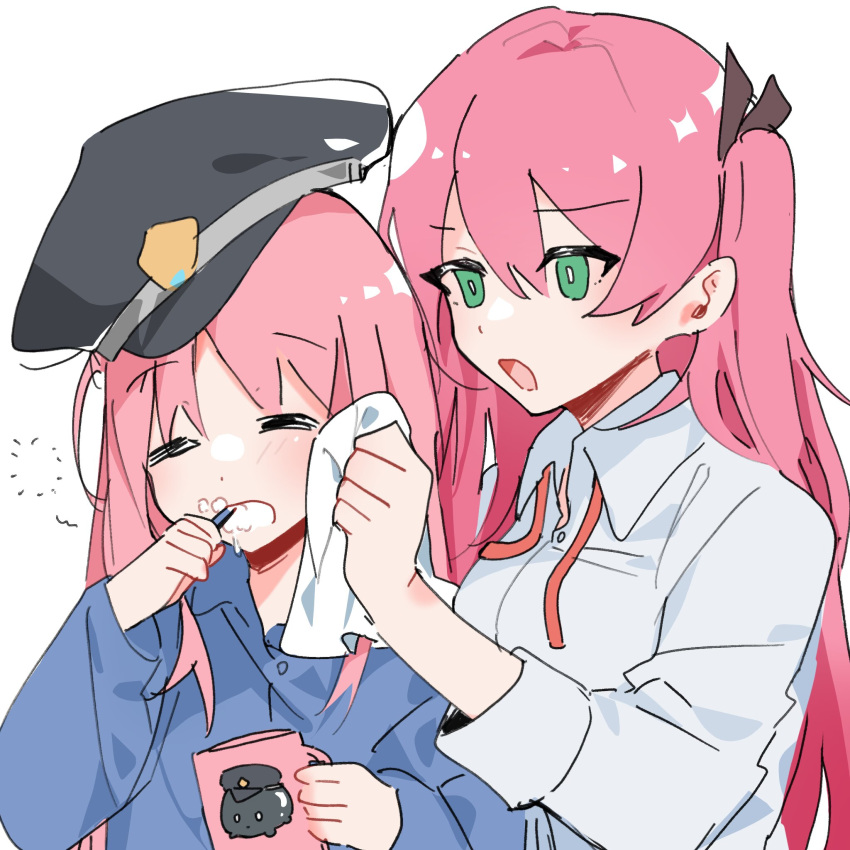 2girls, aikawa_megumi, clothes_around_waist, green_eyes, hand_on_another's_face, hat, heaven_burns_red, highres
