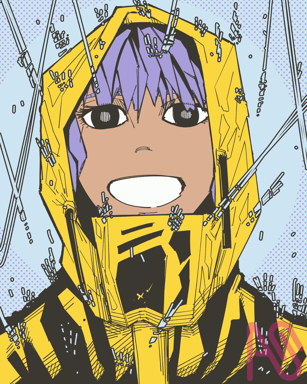 1girl, blue_hair, color_contrast, dashed_eyes, gabesona, highres, original, rain, rain_poncho, spiky_hair, tactical_clothes, yellow_raincoat