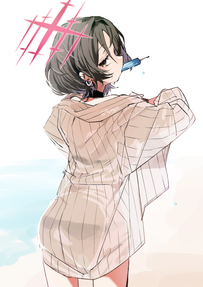 1girl, barbell_piercing, blue_archive, ear_piercing, food, from_behind, halo, highres