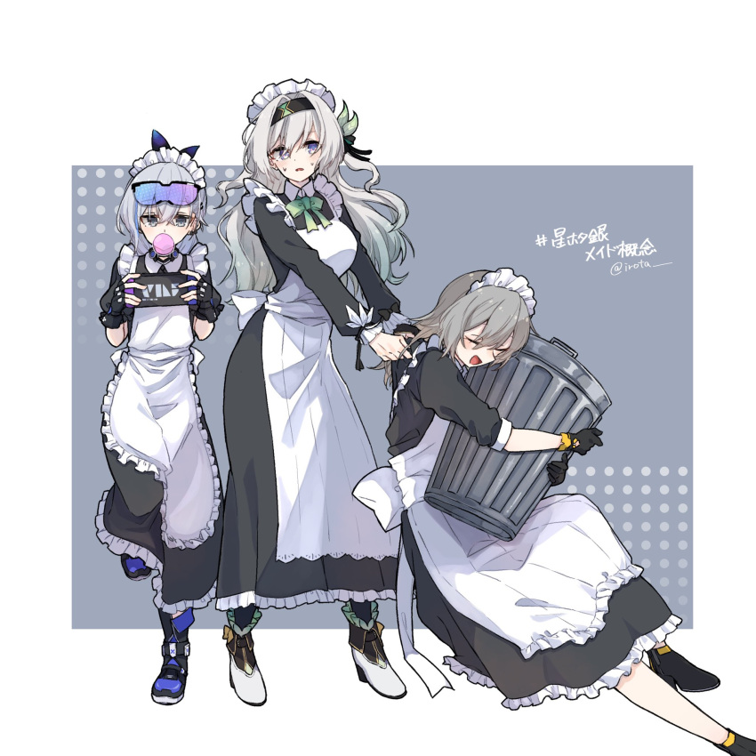 3girls, :d, airota, alternate_costume, apron, black_choker, black_footwear, black_gloves, black_hairband, blowing_bubbles, boots, bow, bowtie, breasts, choker, dress, enmaided, eyewear_on_head, fingerless_gloves, firefly_(honkai:_star_rail), frilled_sleeves, frills, full_body, gloves, green_bow, green_bowtie, grey_eyes, grey_hair, hair_between_eyes, hair_ornament, hair_ribbon, hairband, handheld_game_console, highres, holding, holding_handheld_game_console, holding_trash_can, honkai:_star_rail, honkai_(series), long_hair, long_sleeves, looking_at_viewer, maid, maid_apron, maid_headdress, medium_breasts, multiple_girls, parted_lips, ribbon, silver_wolf_(honkai:_star_rail), smile, stelle_(honkai:_star_rail), sweatdrop, trailblazer_(honkai:_star_rail), trash_can, two-tone_eyes