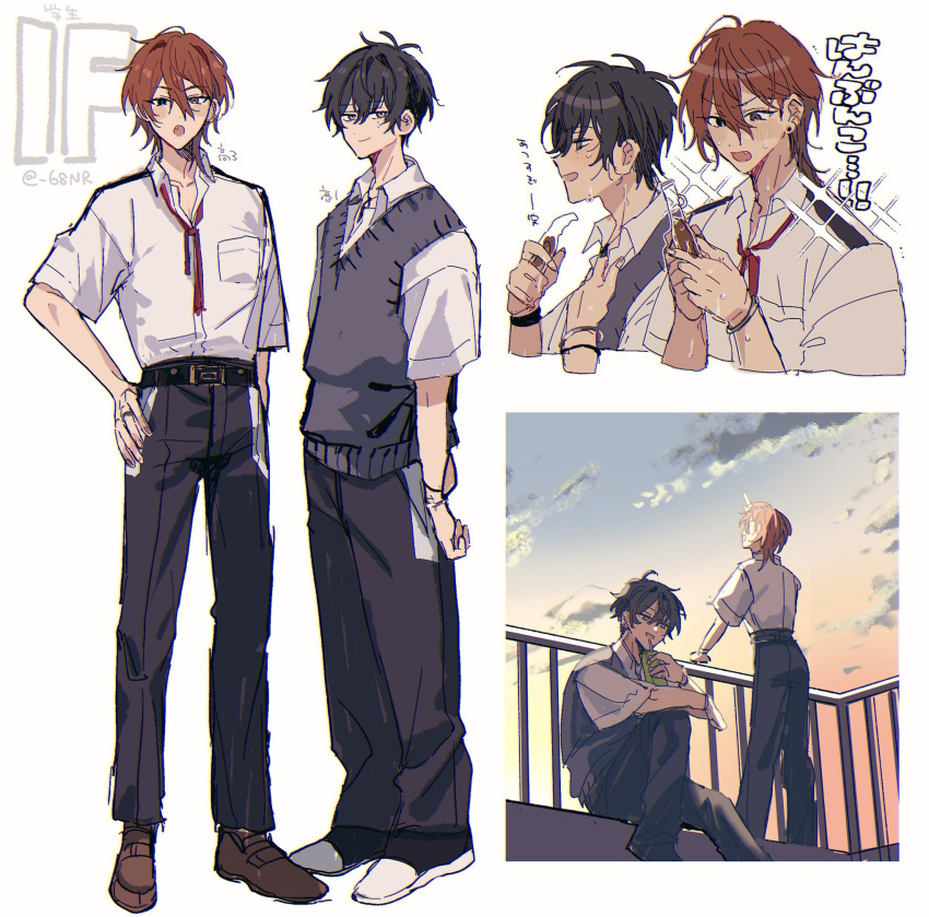 18trip, 2boys, 68nr, belt, black_belt, black_hair, black_pants, black_vest