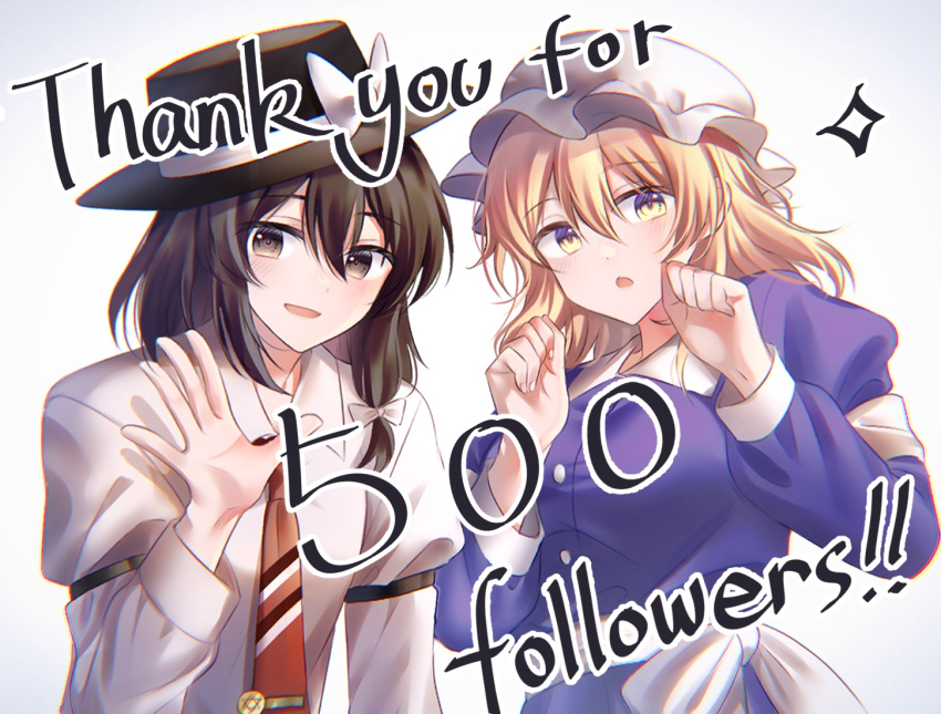 2girls, :d, :o, black_hat, blonde_hair, bow, breasts, brown_eyes