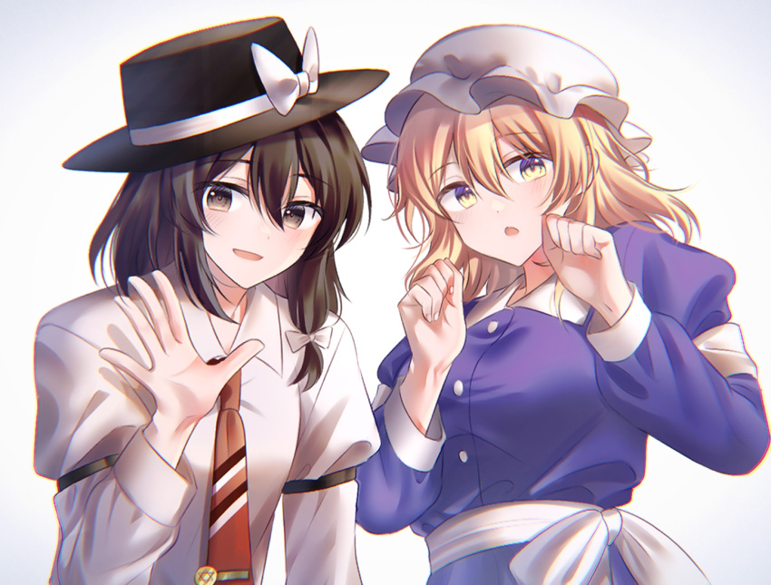 2girls, :d, :o, black_hat, blonde_hair, bow, breasts, brown_eyes