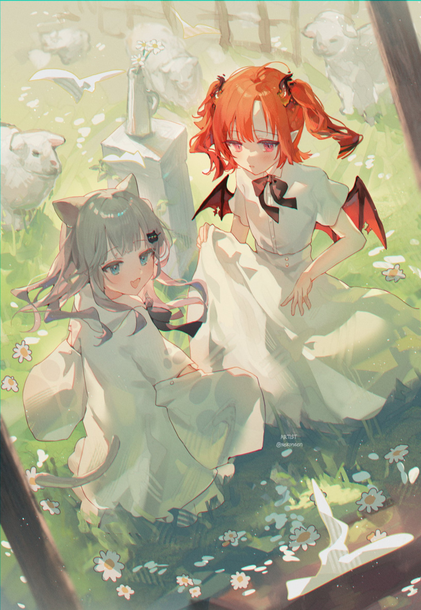 2girls, :o, animal, animal_ears, bat_wings, black_bow, black_bowtie, blue_eyes