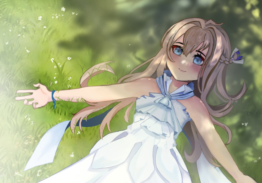 ahomushi994, blue_eyes, bracelet, brown_hair, dress, girls_frontline, grass, hair_ornament