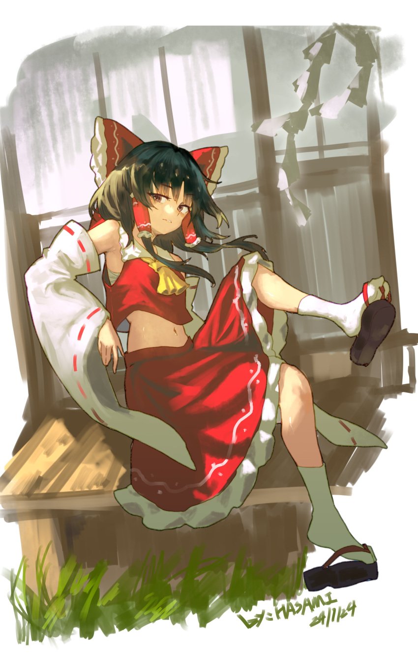 1girl, absurdres, black_footwear, black_hair, bow, closed_mouth, commentary_request, detached_sleeves