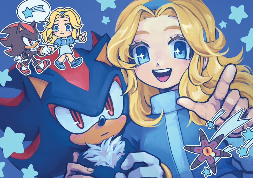 1boy, 1girl, animal_ears, animal_nose, bazukat_art, black_doom, blonde_hair, blue_background, blue_dress, blue_eyes, blue_hairband, blush, chibi, commentary, doom's_eye_(sonic), dress, furry, furry_male, gloves, hairband, hand_on_another's_shoulder, highres, holding_hands, long_hair, looking_at_viewer, maria_robotnik, open_mouth, pointing, red_eyes, shadow_the_hedgehog, shooting_star, simple_background, smile, sonic_(series), speech_bubble, spoken_star, star_(symbol), symbol-only_commentary, walking, white_gloves