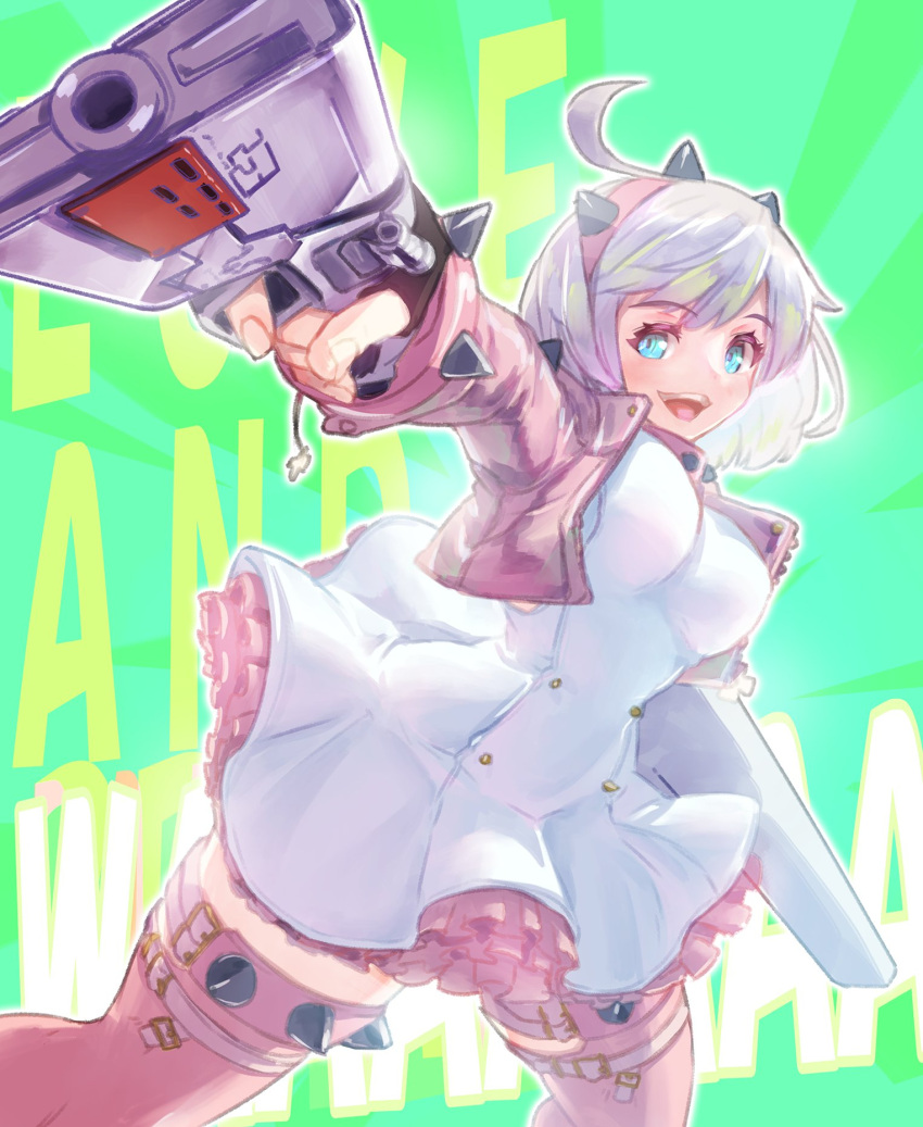 1girl, ahoge, aqua_eyes, bracelet, breasts, collar, elphelt_valentine, english_text