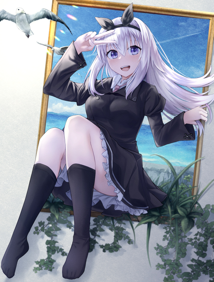 1girl, :d, bird, black_dress, black_hairband, black_ribbon, black_socks, blue_sky