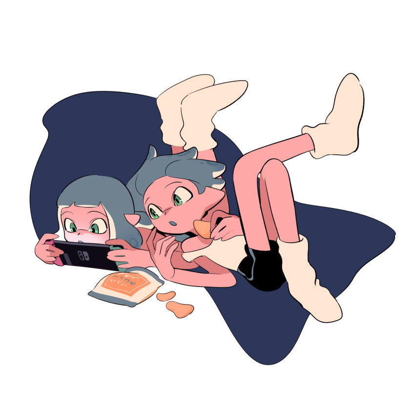 1boy, 1girl, :o, bike_shorts, chips_(food), colored_mouth, crossed_legs, eating