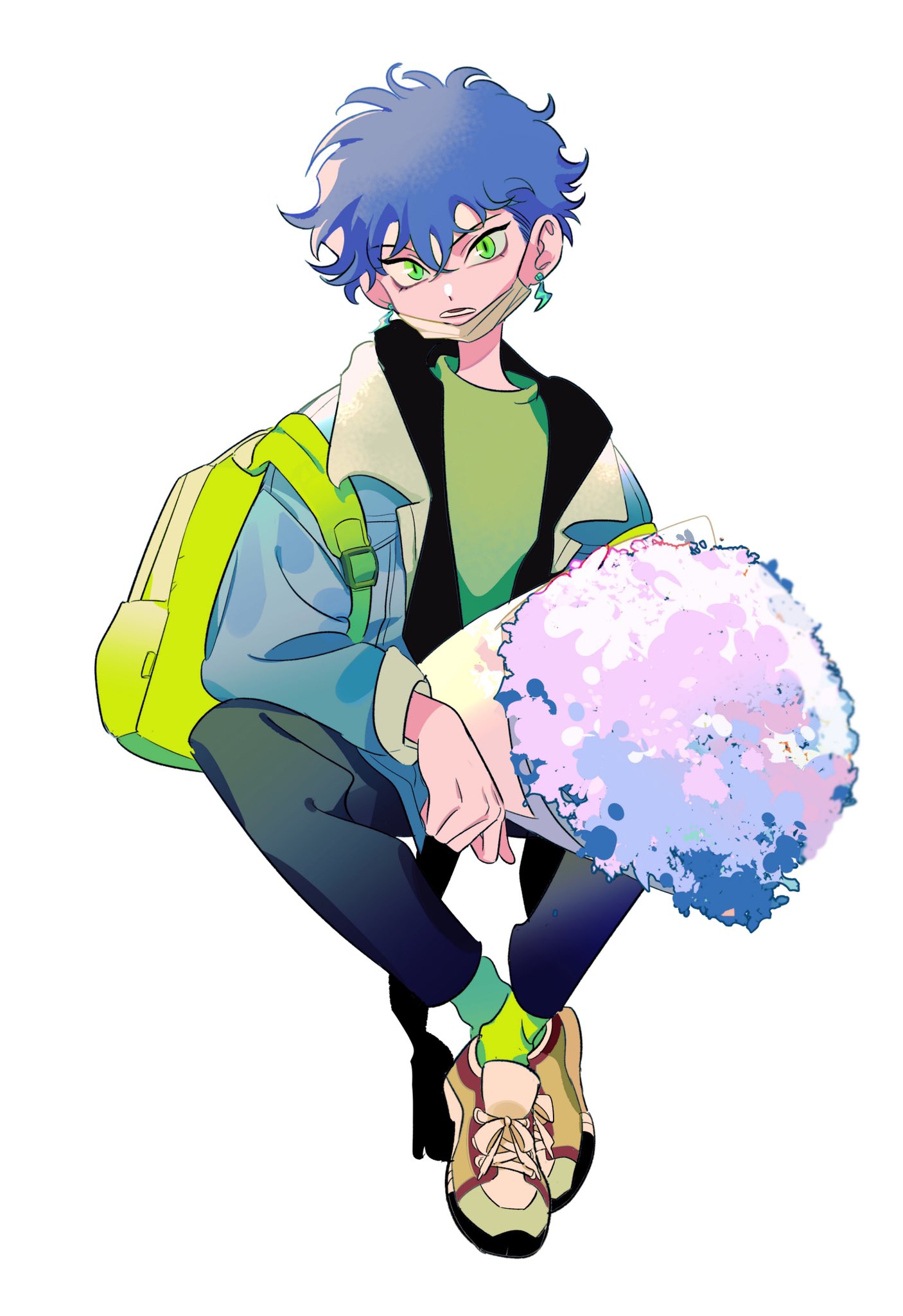 1boy, backpack, bag, between_legs, bishounen, black_pants, black_sweater, blue_hair