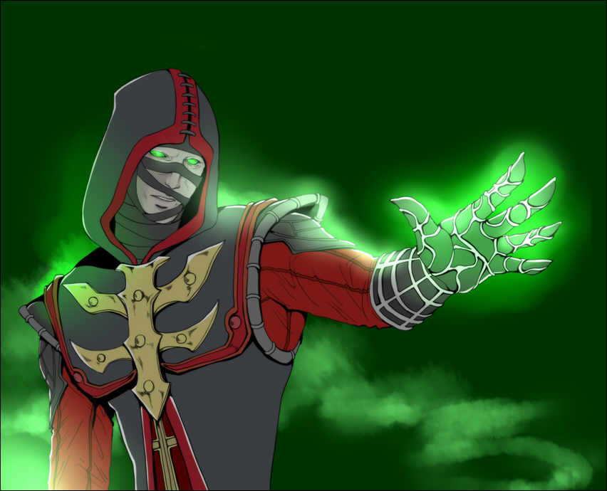 1boy, bandages, ermac, gloves, glowing, glowing_eyes, green_background, green_eyes
