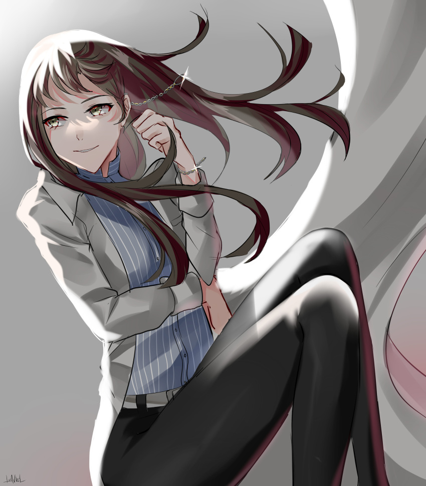 1girl, brown_hair, ear_ornament, female, female_only, green_eyes, ichinose_kuon, jeans