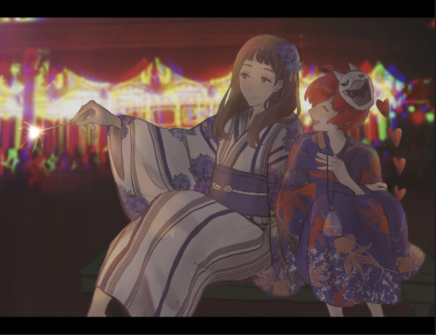 2girls, blurry_background, brown_hair, evening, female, female_only, festival, happy, ichinose_kuon, kimono, long_hair, night, persona, persona_5, persona_5_scramble:_the_phantom_strikers, redhead, rieyu, smile, sophia_(p5s)