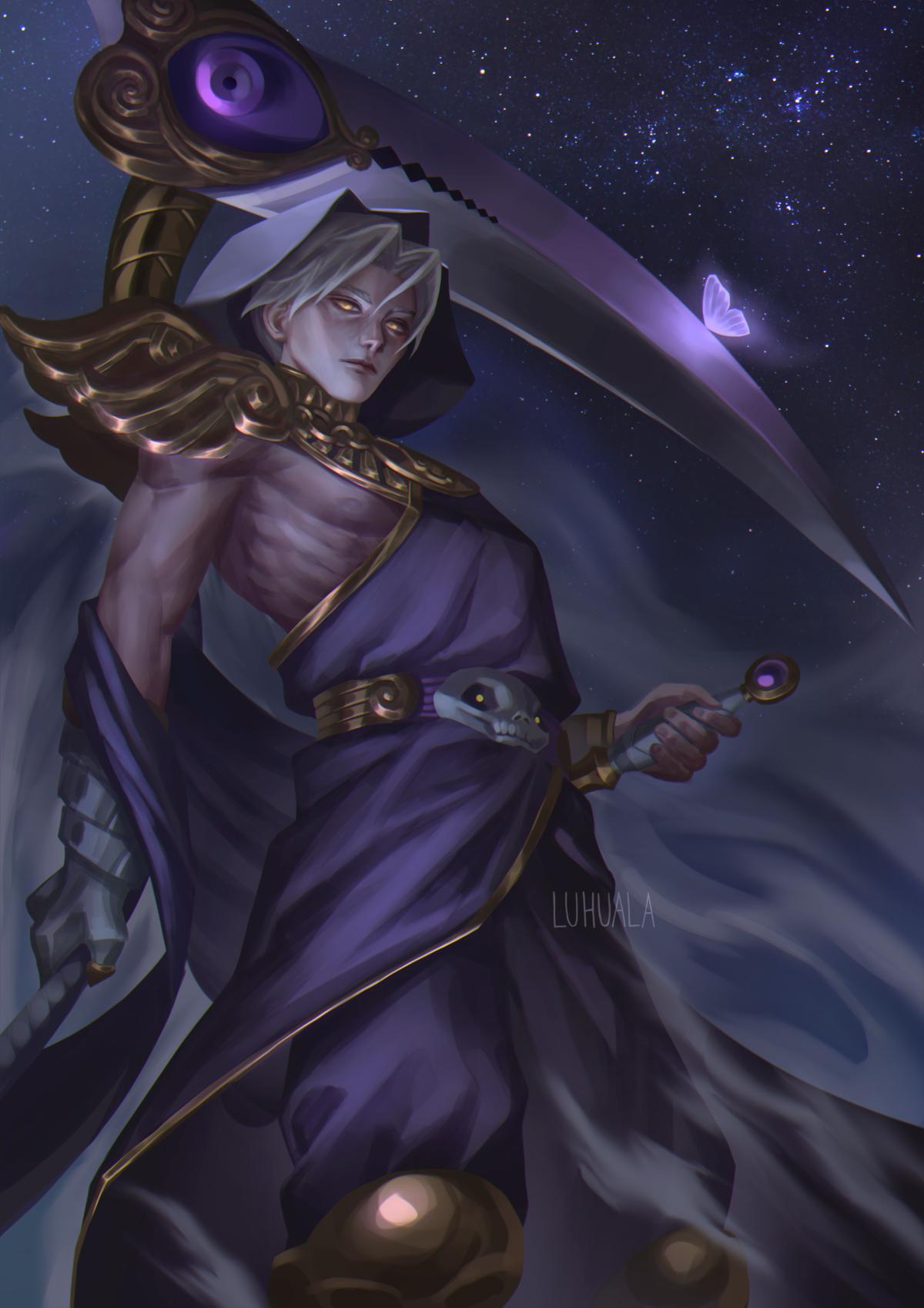 1boy, black_hood, black_robe, bracer, bug, butterfly, clothing_cutout, dagger