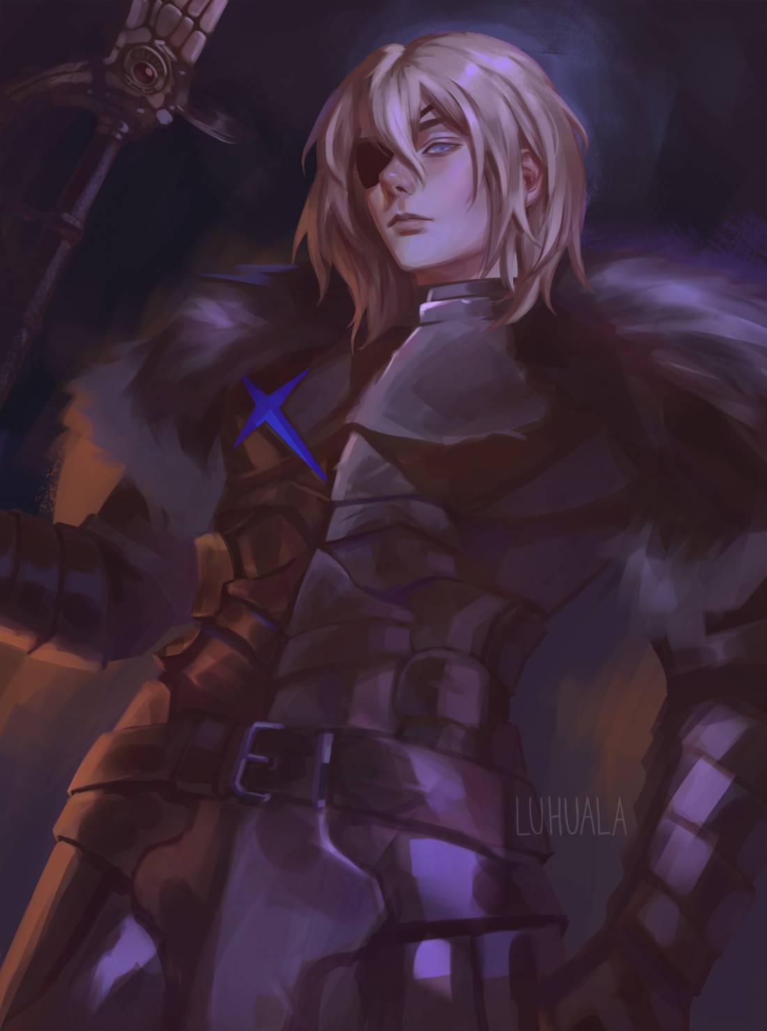 1boy, armor, armored_gloves, belt, black_armor, black_background, black_belt, black_fur