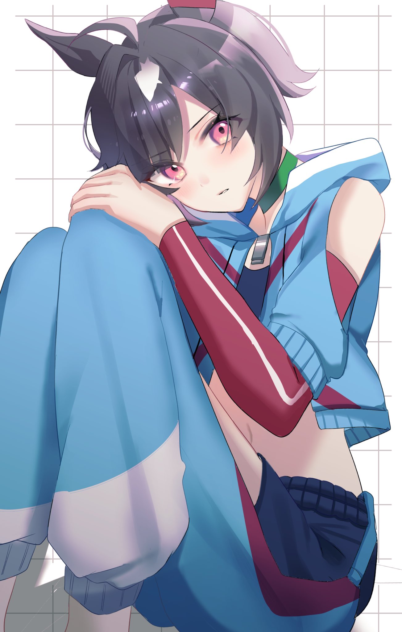 1girl, ahoge, animal_ears, believe_(umamusume), black_hair, blue_pants, closed_mouth, hair_between_eyes