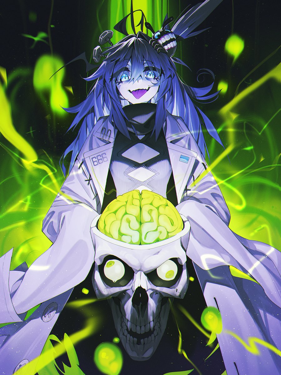 1girl, 666, black_background, black_shirt, blue_eyes, clothing_cutout, coat, colored_tongue, commentary, dr.nova(e), english_commentary, exposed_brain, eyeball, glowing, hair_between_eyes, highres, holding, holding_skull, kamameshi_gougoumaru, lab_coat, long_hair, long_sleeves, looking_down, messy_hair, object_through_head, open_clothes, open_coat, pale_skin, purple_hair, purple_tongue, screw_in_head, shirt, skull, sleeves_past_fingers, sleeves_past_wrists, smile, solo, tongue, tongue_out, turtleneck, turtleneck_shirt, v4mirai, virtual_youtuber, white_coat, wide_sleeves